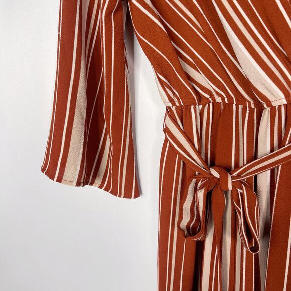 Miami Medium Rust Orange Cream Striped Jumpsuit Tie Waist VNeck Wrap Francescas - Picture 4 of 12